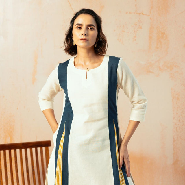 Cream Cotton Linen Kurta Pant Set in Color Block with Inner Lining