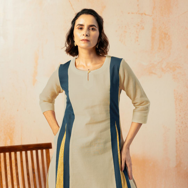 Beige Cotton Linen Kurta Pant Set in Color Block with Inner Lining