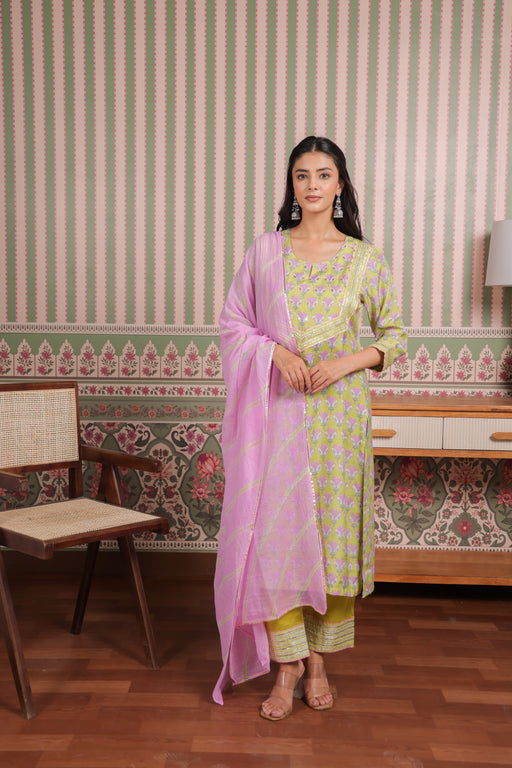 Green Printed Muslin Gota Patti Zari Embroidered Suit Set