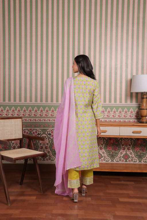 Green Printed Muslin Gota Patti Zari Embroidered Suit Set