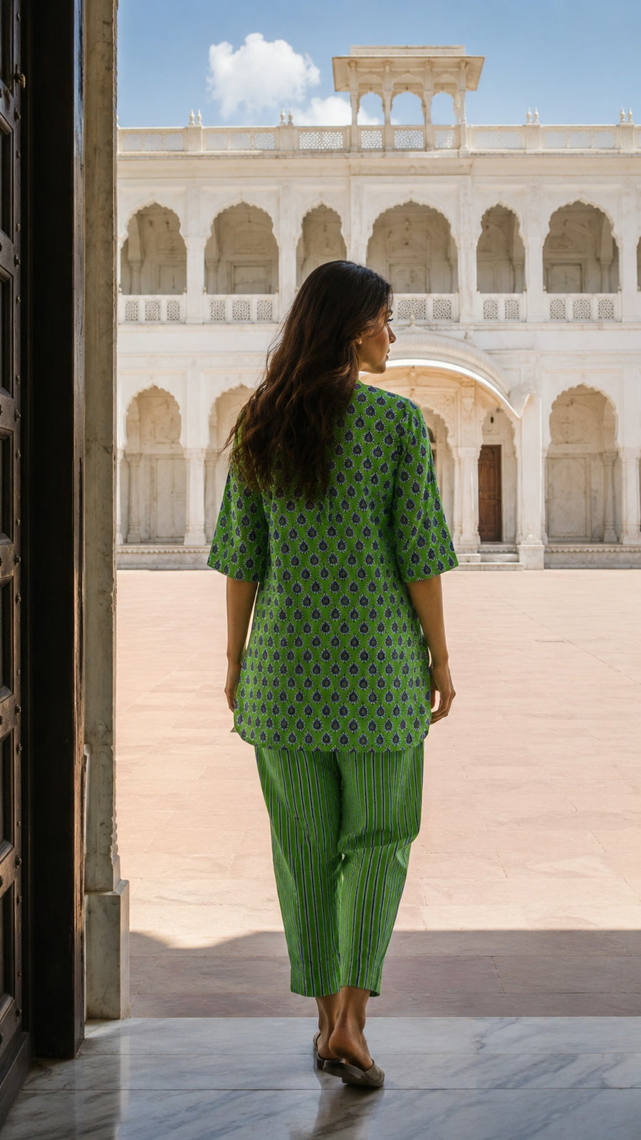 Green collar neck cotton co-ord set for women - fabric detail - EKOHUM