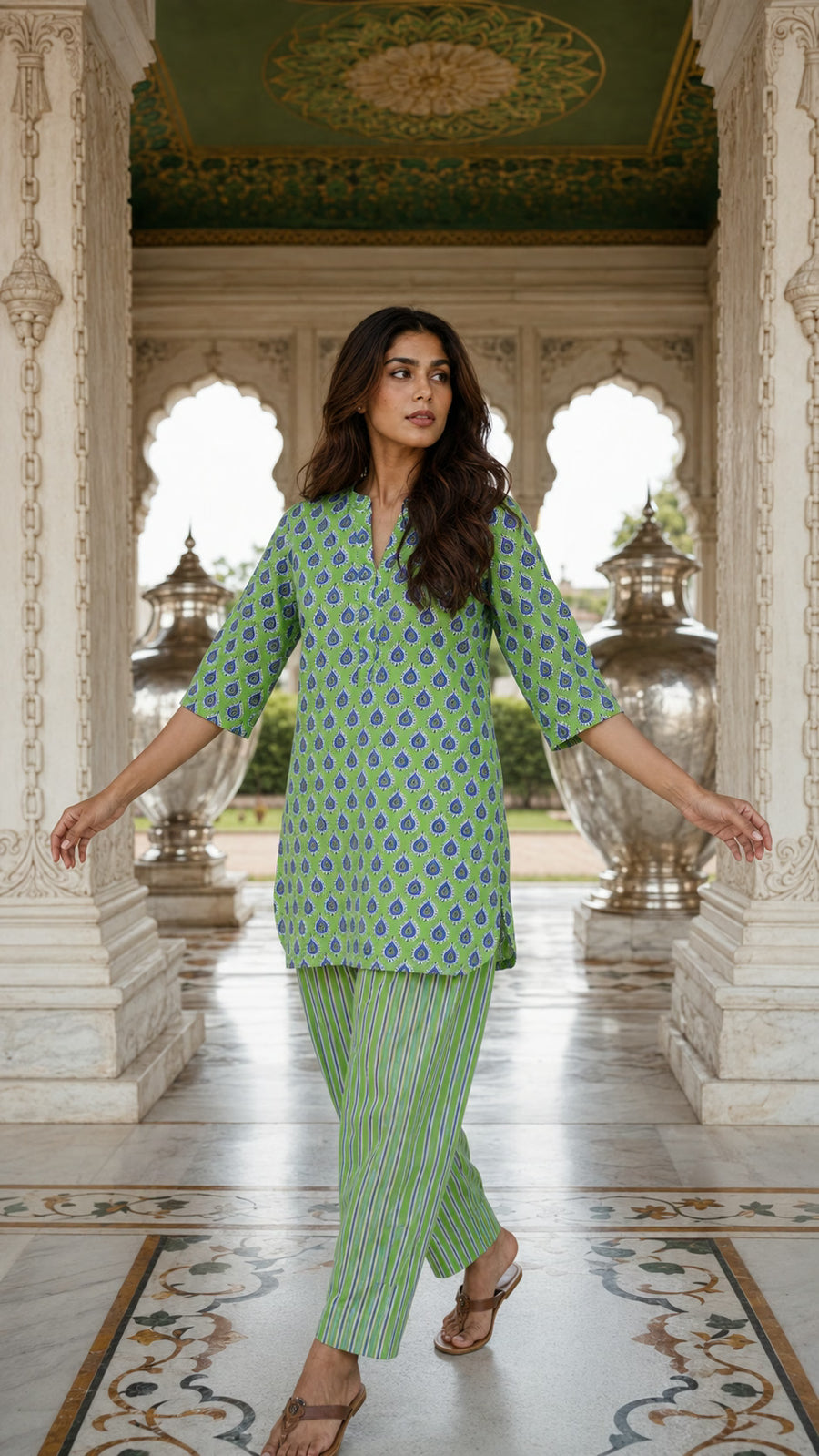 Green collar neck cotton co-ord set for women - full outfit - EKOHUM