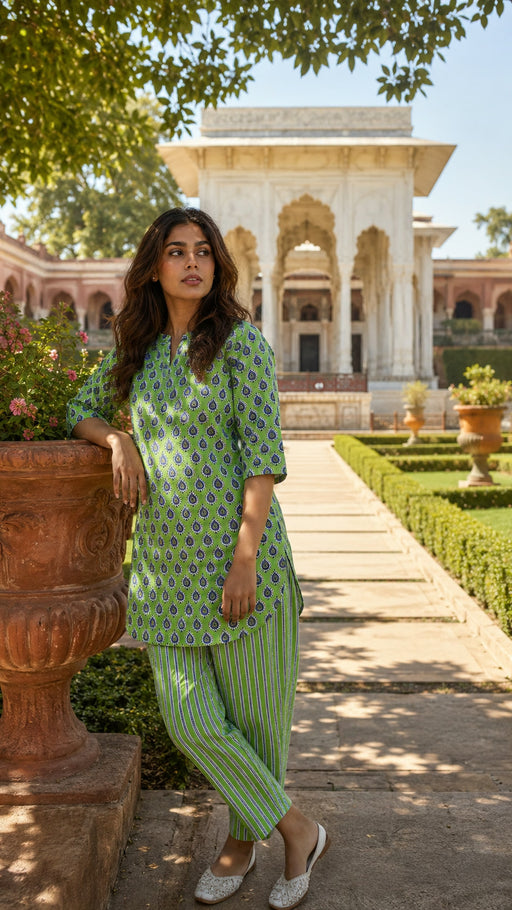 Green collar neck cotton co-ord set for women - back view - EKOHUM