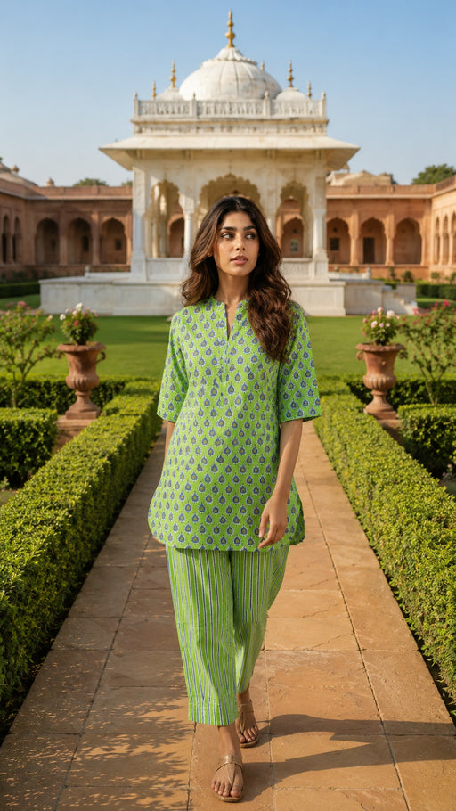 Green collar neck cotton co-ord set for women - styled look - EKOHUM