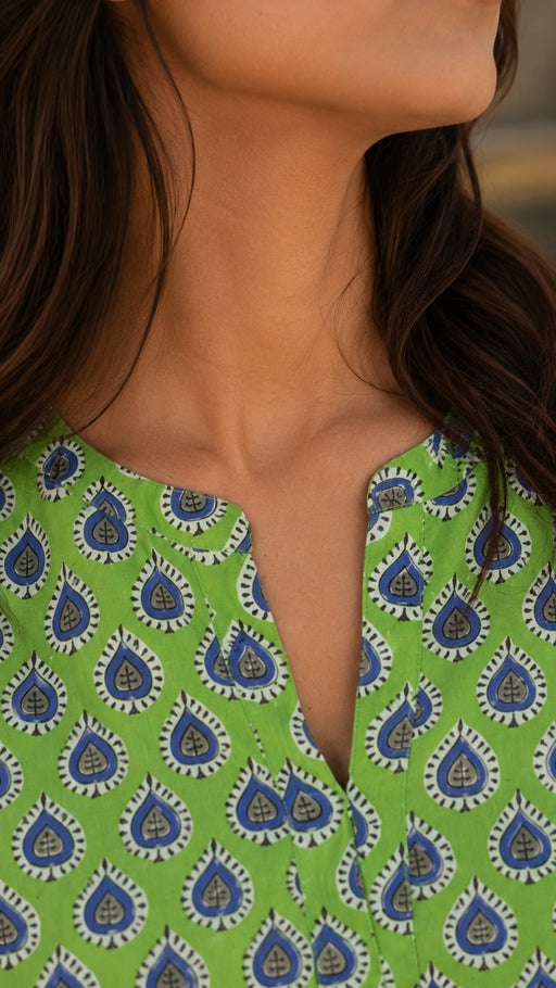 Green collar neck cotton co-ord set for women - side view - EKOHUM