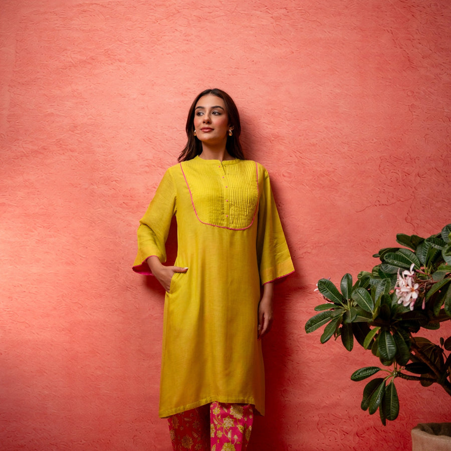 Parrot Green Viscose Linen Co-Ord Set with Bead Work