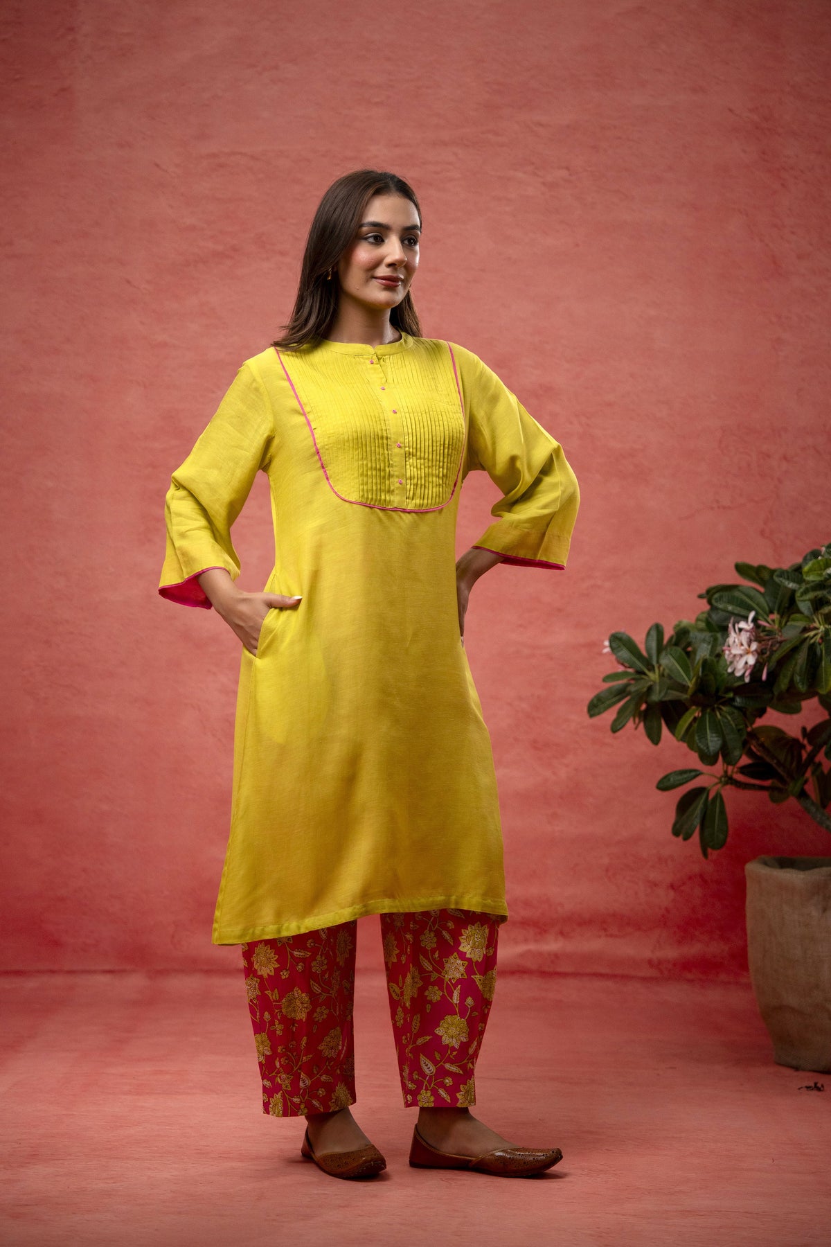 Parrot Green Viscose Linen Co-Ord Set with Bead Work