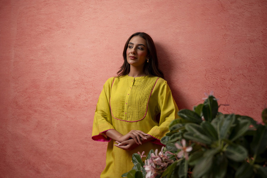 Parrot Green Viscose Linen Co-Ord Set with Bead Work