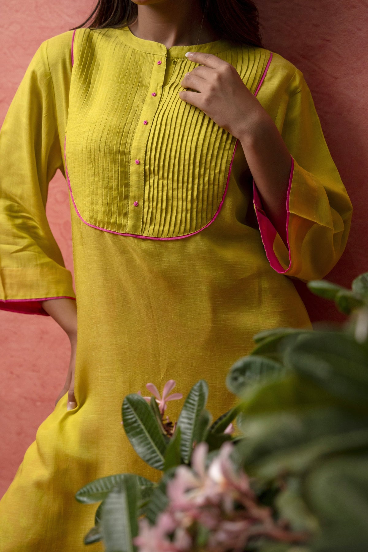 Parrot Green Viscose Linen Co-Ord Set with Bead Work