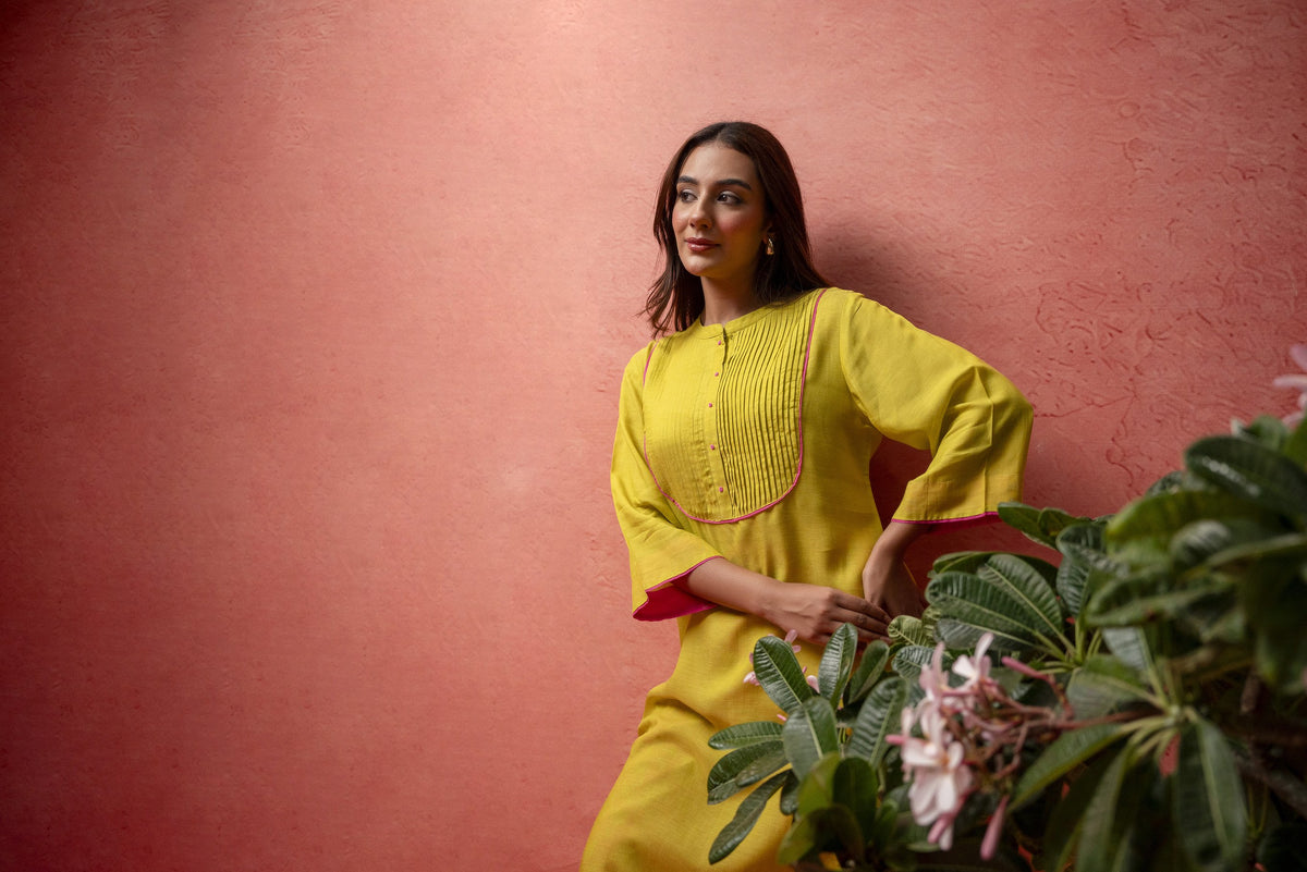 Parrot Green Viscose Linen Co-Ord Set with Bead Work