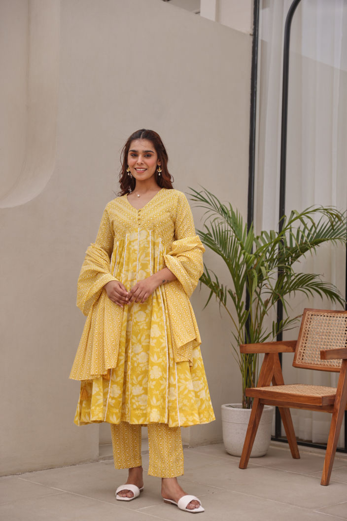Yellow Floral Printed Mulmul Embroidered  Kurta Pant Dupatta Set With Lace Detail
