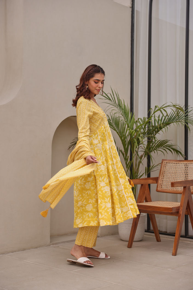 Yellow Floral Printed Mulmul Embroidered  Kurta Pant Dupatta Set With Lace Detail
