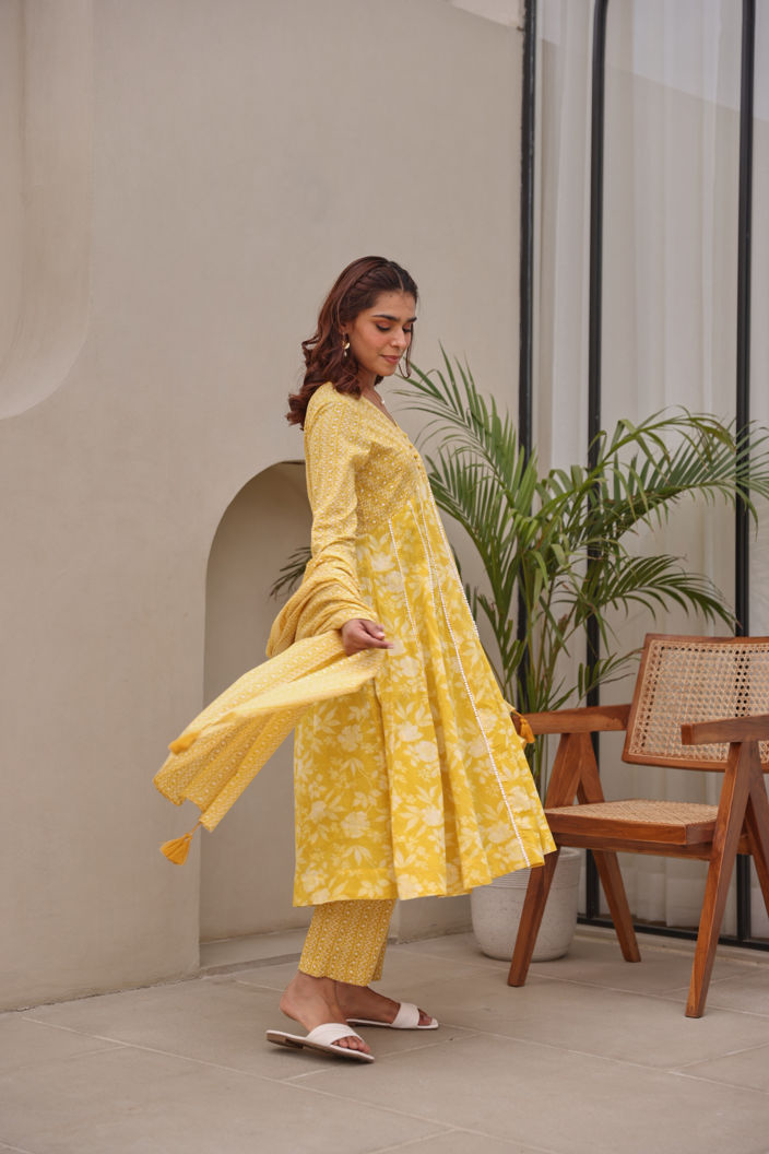 Yellow Floral Printed Mulmul Embroidered  Kurta Pant Dupatta Set With Lace Detail