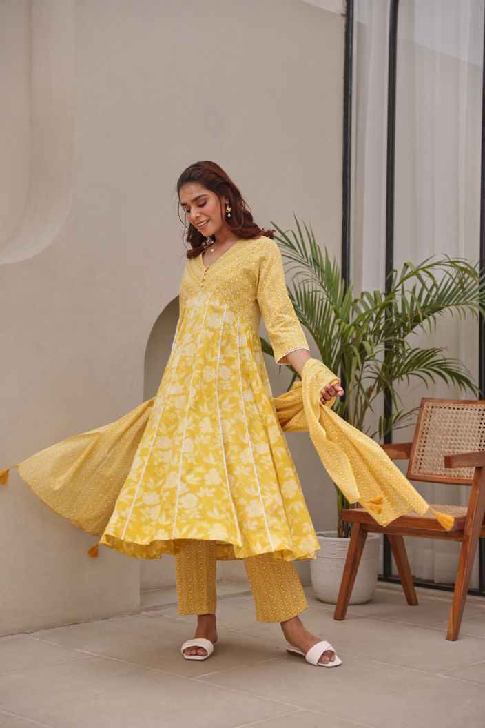 Yellow Floral Printed Mulmul Embroidered  Kurta Pant Dupatta Set With Lace Detail