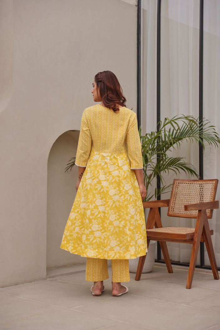 Yellow Floral Printed Mulmul Embroidered  Kurta Pant Dupatta Set With Lace Detail