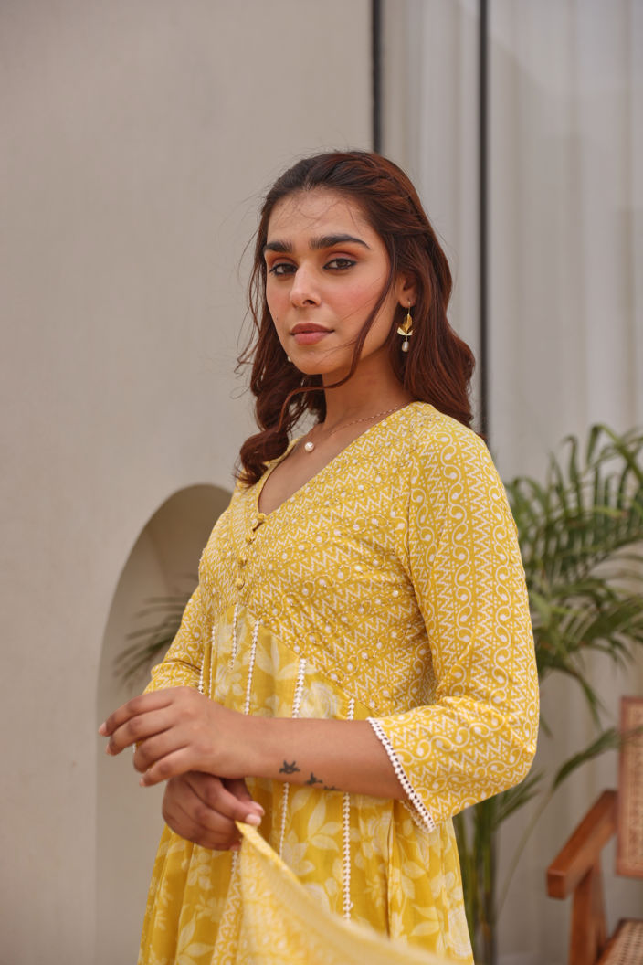 Yellow Floral Printed Mulmul Embroidered  Kurta Pant Dupatta Set With Lace Detail