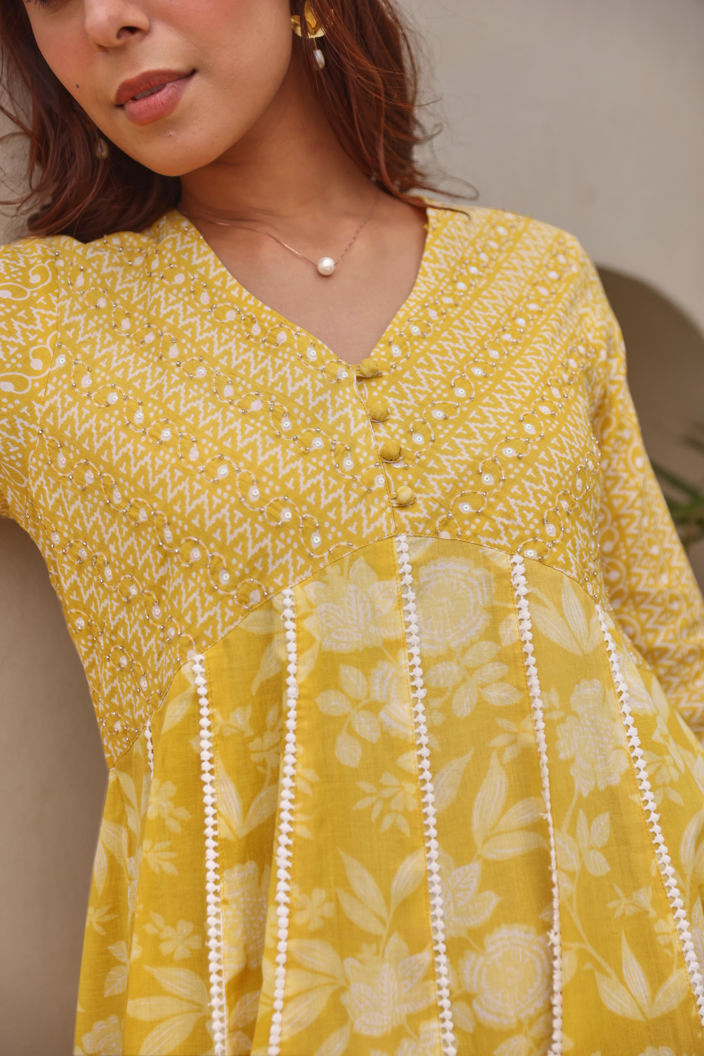 Yellow Floral Printed Mulmul Embroidered  Kurta Pant Dupatta Set With Lace Detail