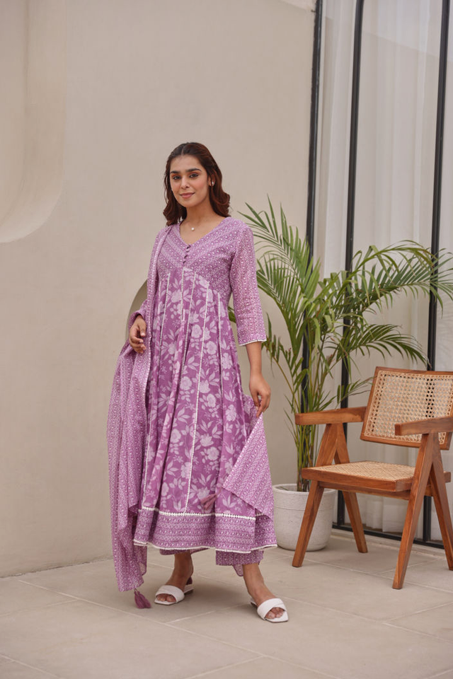 Lavender Floral Printed Mulmul Embroidered  Kurta Pant Dupatta Set With Lace Detail