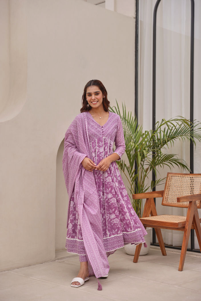 Lavender Floral Printed Mulmul Embroidered  Kurta Pant Dupatta Set With Lace Detail