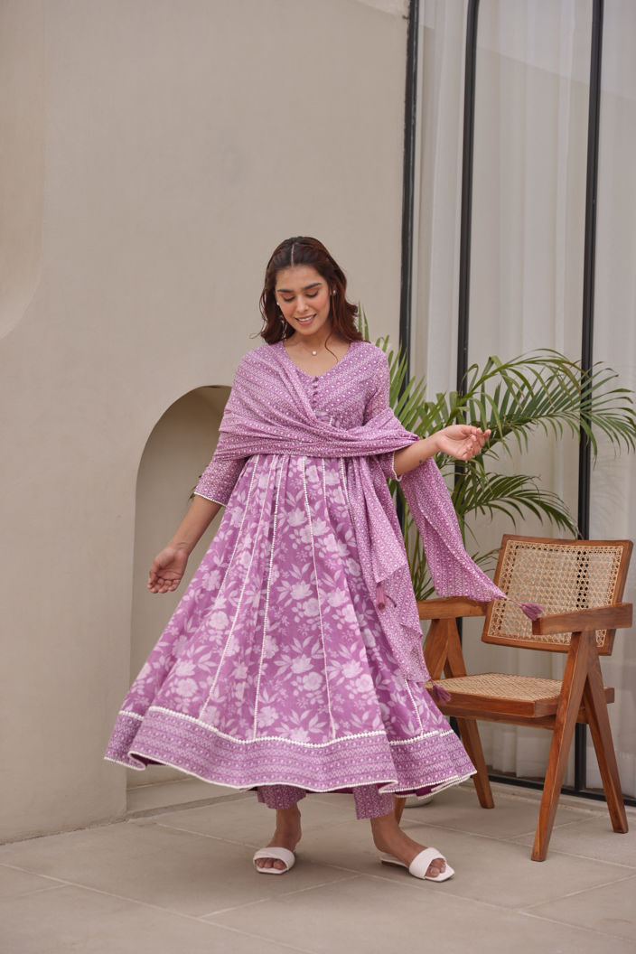 Lavender Floral Printed Mulmul Embroidered  Kurta Pant Dupatta Set With Lace Detail
