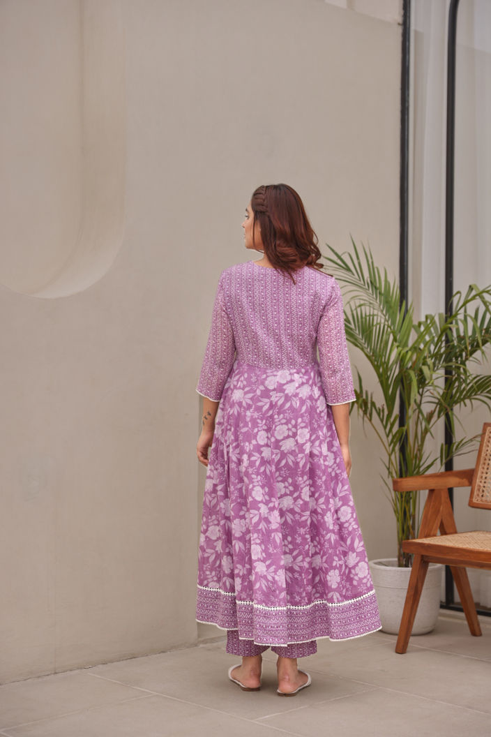 Lavender Floral Printed Mulmul Embroidered  Kurta Pant Dupatta Set With Lace Detail