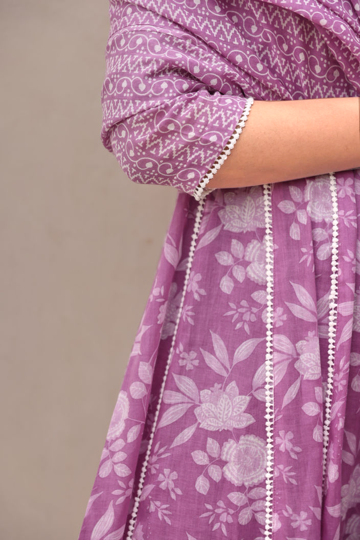 Lavender Floral Printed Mulmul Embroidered  Kurta Pant Dupatta Set With Lace Detail