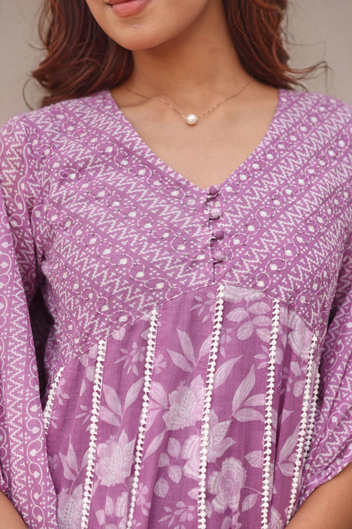 Lavender Floral Printed Mulmul Embroidered  Kurta Pant Dupatta Set With Lace Detail