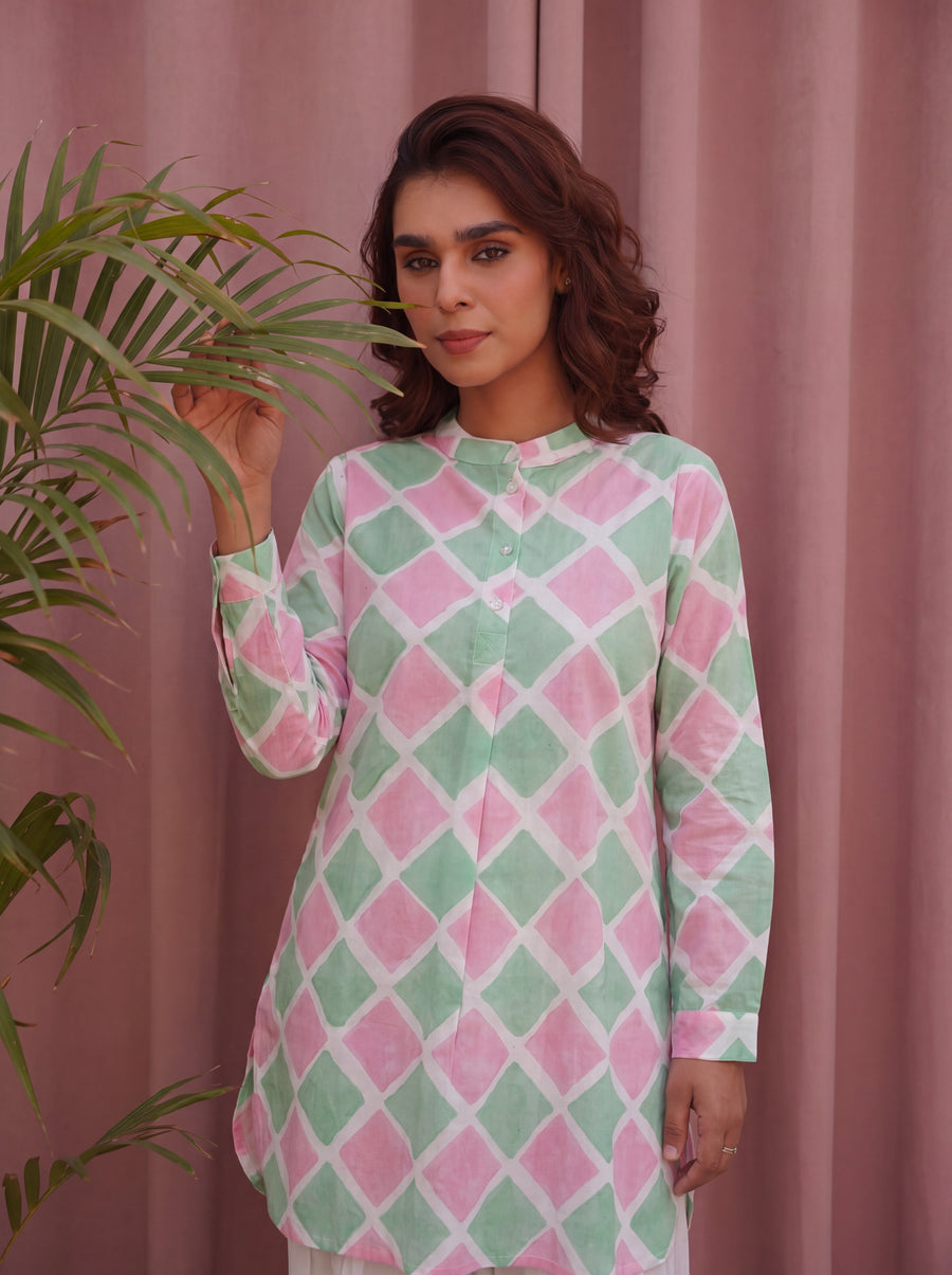 Green & Pink Block Printed Cotton Kurta with White Farshi Salwar