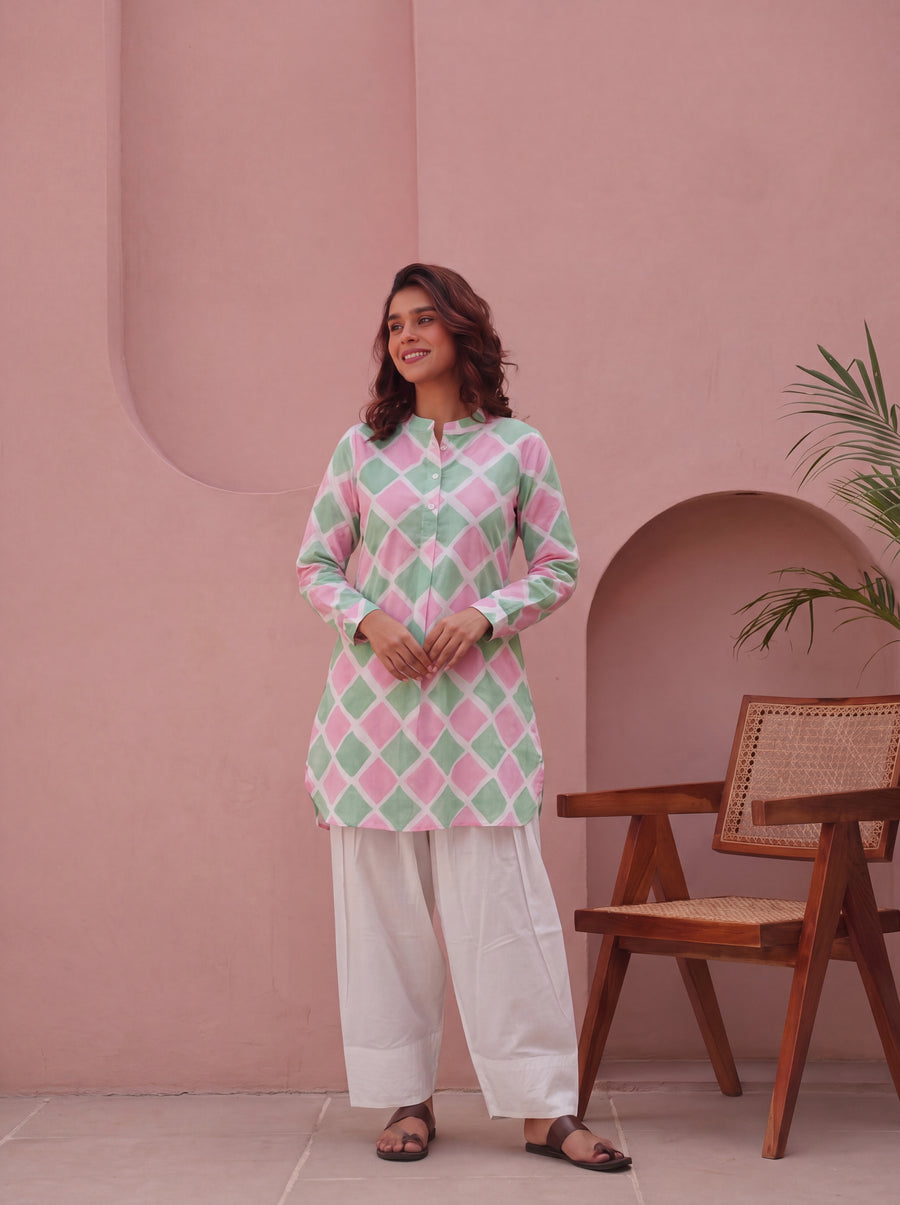 Green & Pink Block Printed Cotton Kurta with White Farshi Salwar