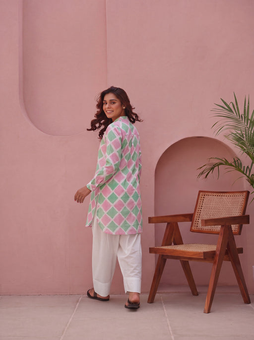 Green & Pink Block Printed Cotton Kurta with White Farshi Salwar