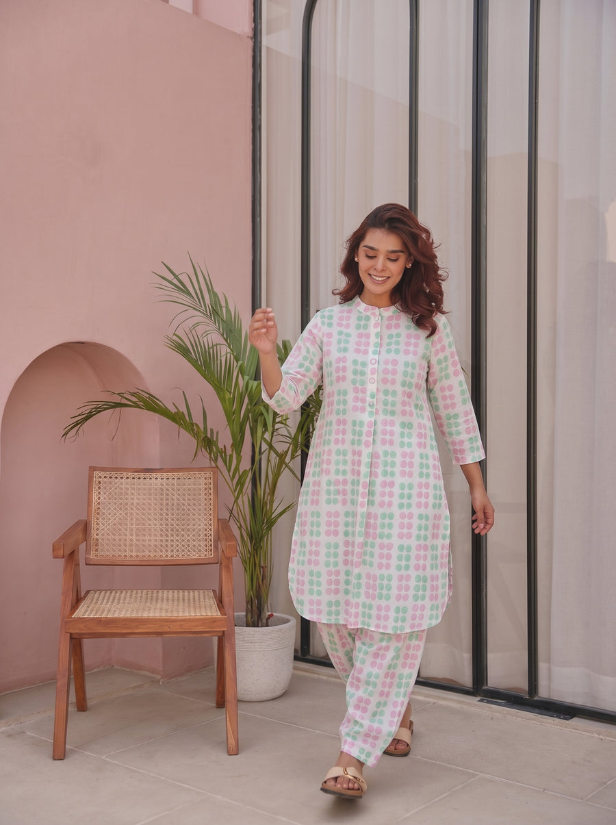 Pink & Green Block Printed Cotton Co-Ord Set with Salwar