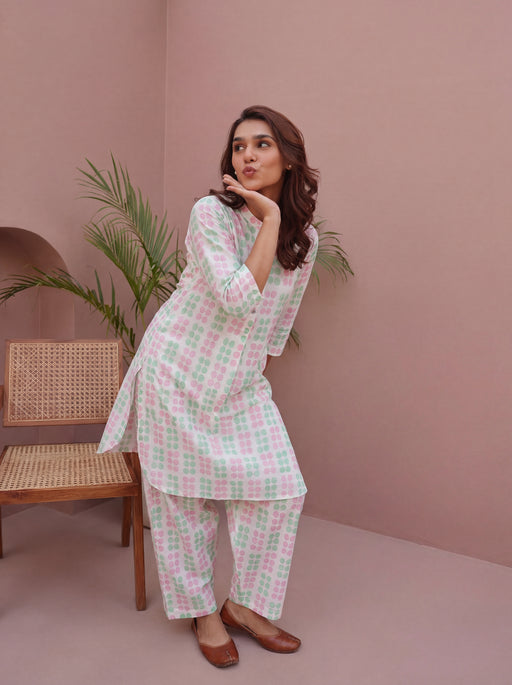 Pink & Green Block Printed Cotton Co-Ord Set with Salwar