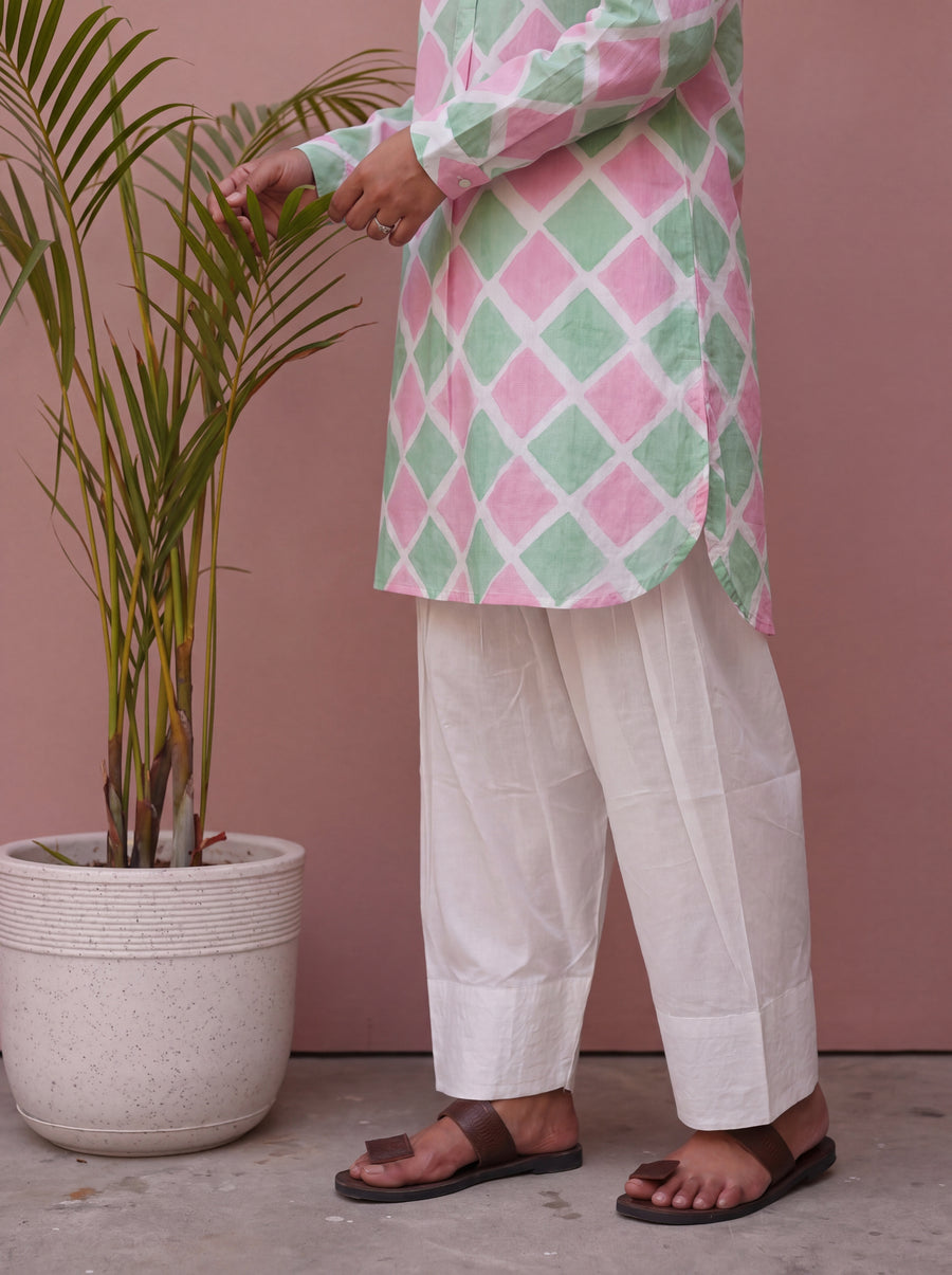 Green & Pink Block Printed Cotton Kurta with White Farshi Salwar