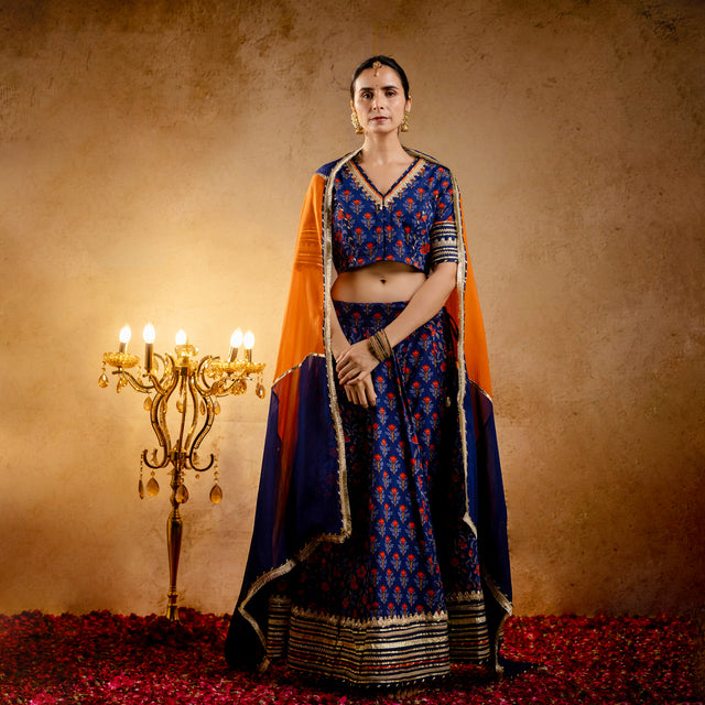 Blue Printed Cotton Lehenga-Blouse with Zari Gota Laces and Organza Dupatta