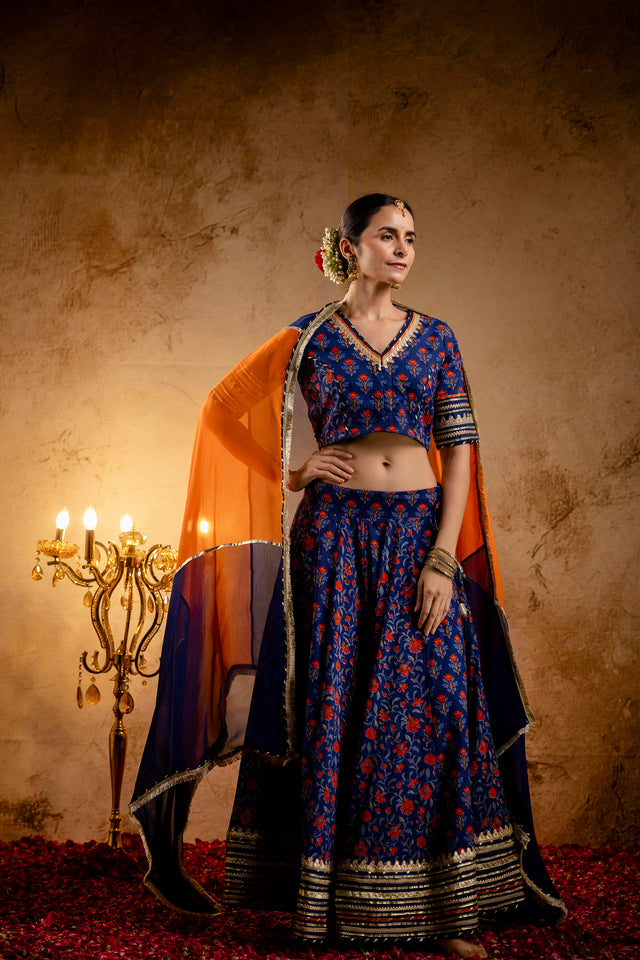 Blue Printed Cotton Lehenga-Blouse with Zari Gota Laces and Organza Dupatta