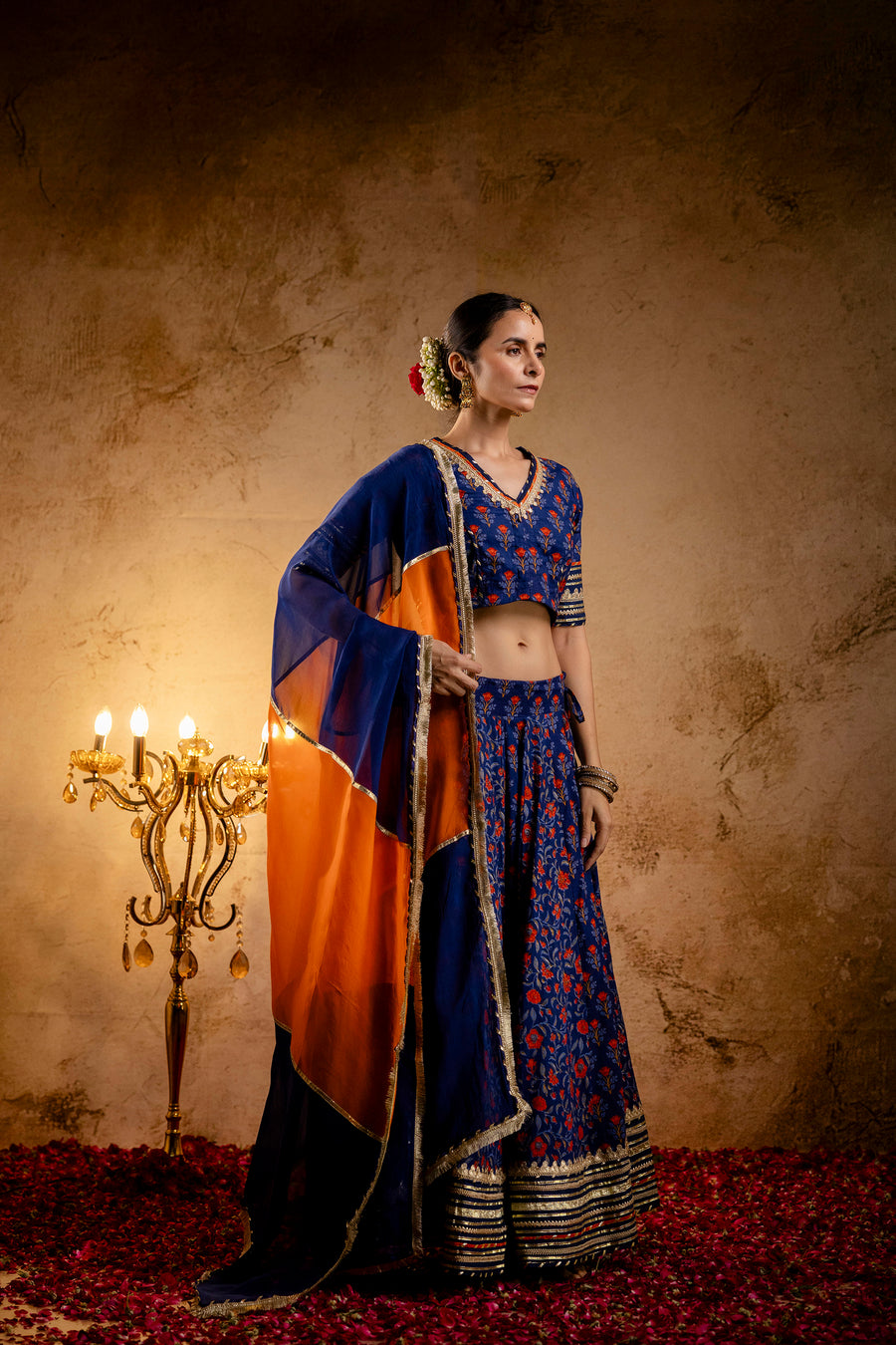 Blue Printed Cotton Lehenga-Blouse with Zari Gota Laces and Organza Dupatta