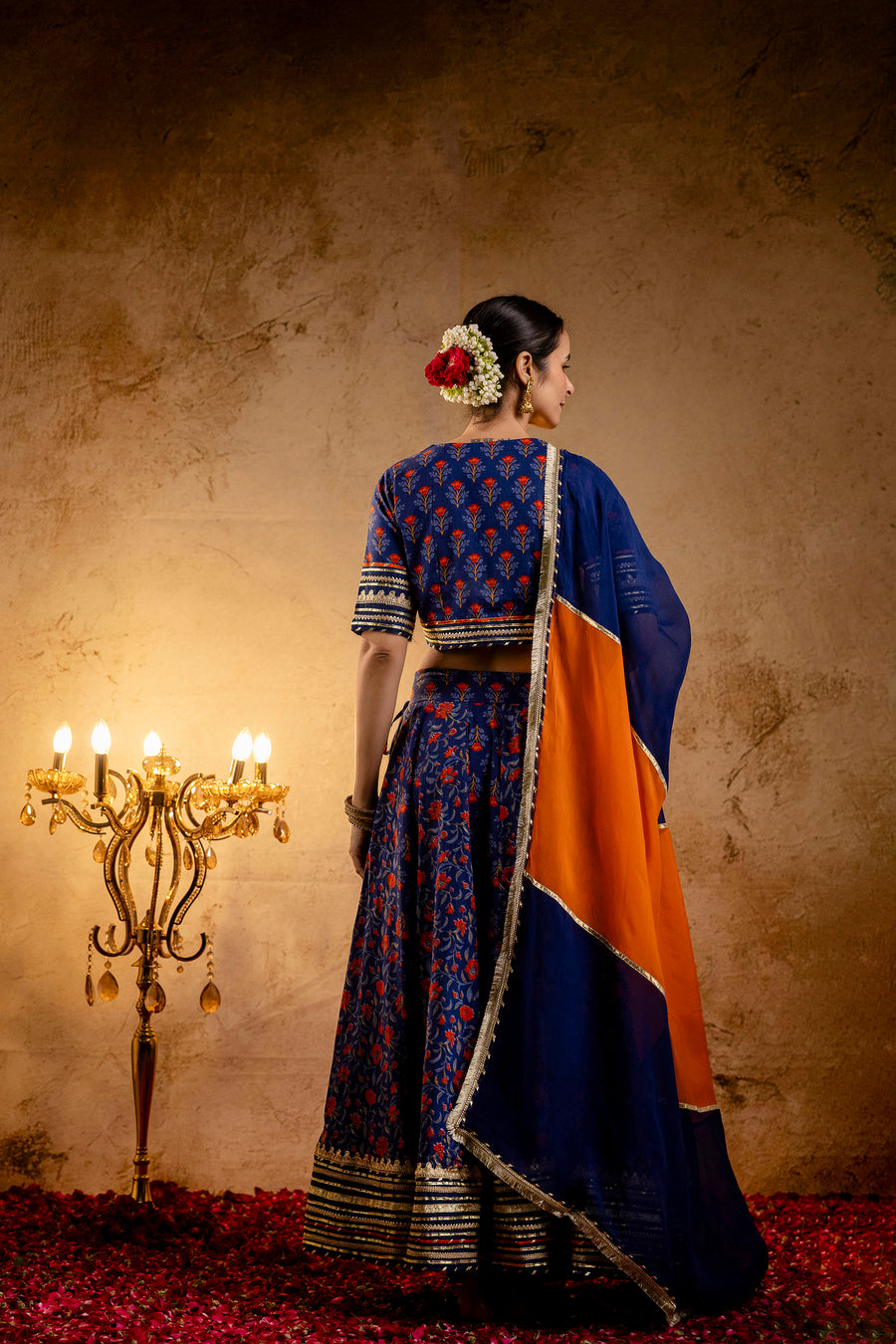 Blue Printed Cotton Lehenga-Blouse with Zari Gota Laces and Organza Dupatta