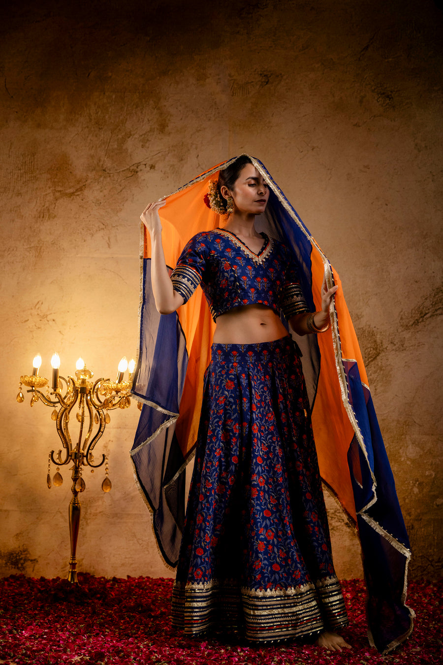Blue Printed Cotton Lehenga-Blouse with Zari Gota Laces and Organza Dupatta