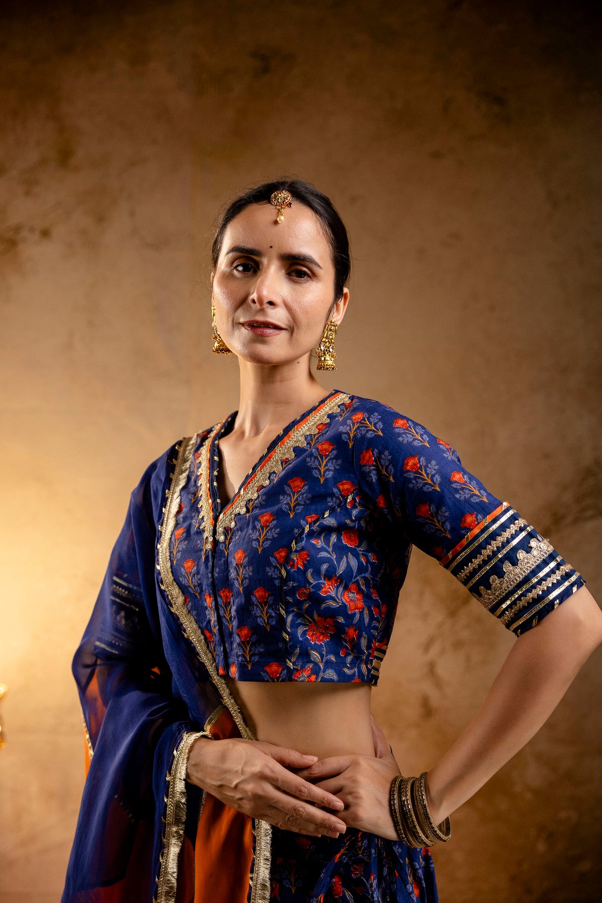 Blue Printed Cotton Lehenga-Blouse with Zari Gota Laces and Organza Dupatta