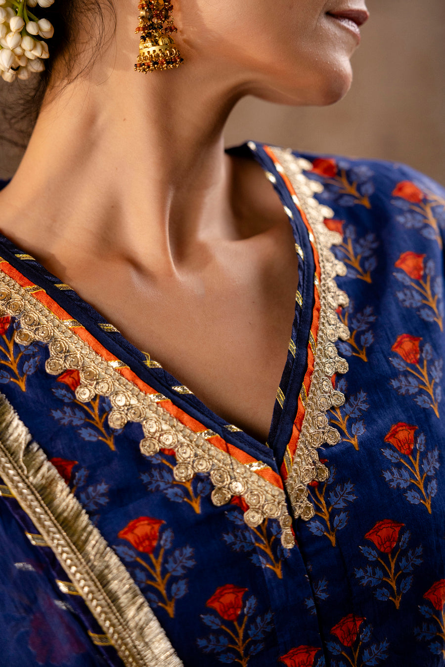 Blue Printed Cotton Lehenga-Blouse with Zari Gota Laces and Organza Dupatta