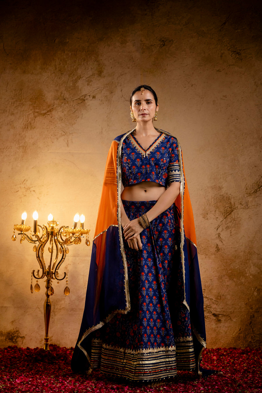 Blue Printed Cotton Lehenga-Blouse with Zari Gota Laces and Organza Dupatta