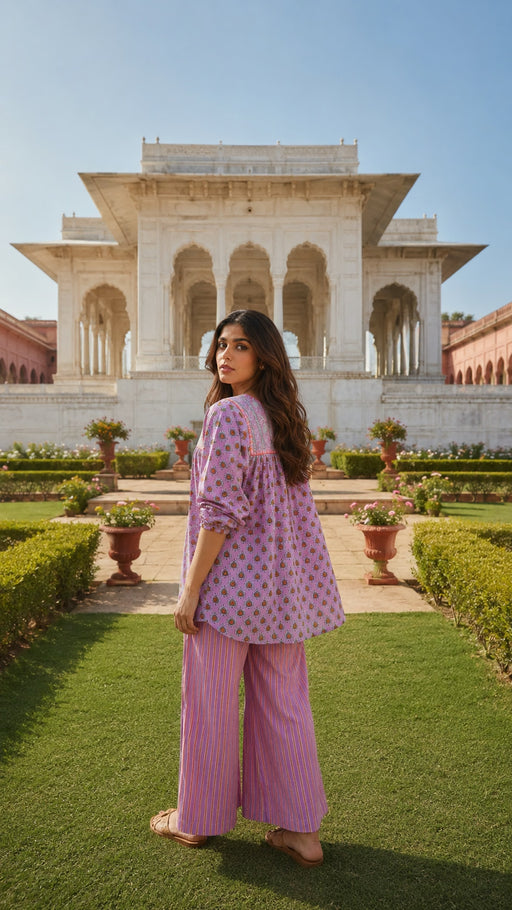 Pink block print cotton co-ord set for women - styled look - EKOHUM