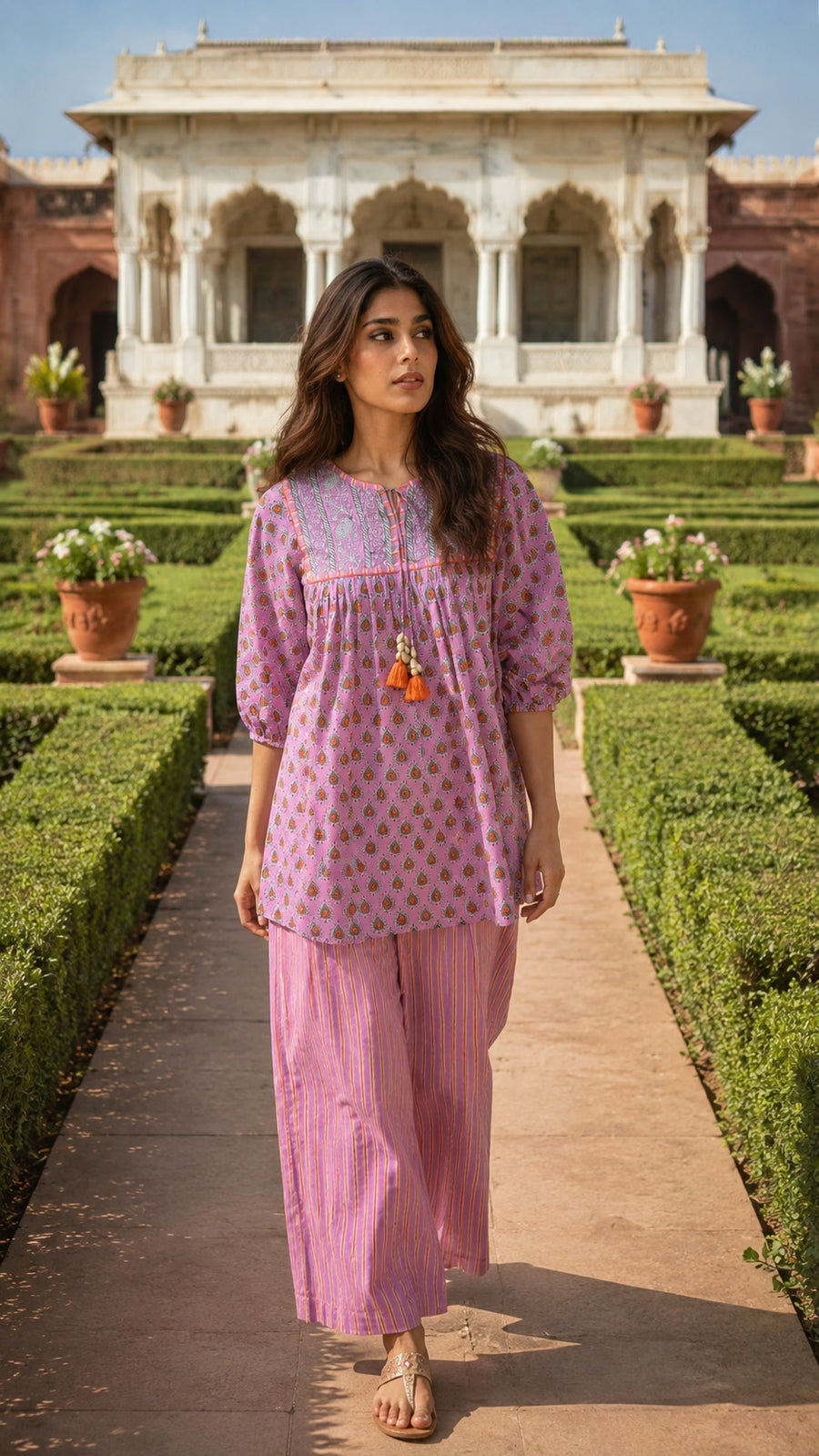 Pink block print cotton co-ord set for women - side view - EKOHUM
