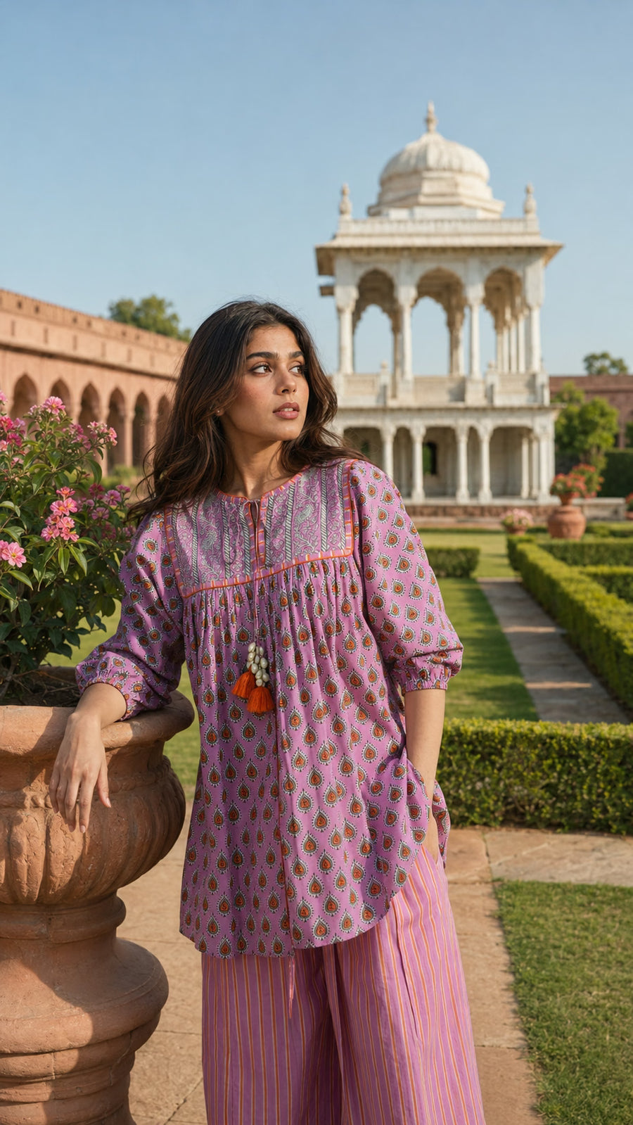 Pink block print cotton co-ord set for women - close-up detail - EKOHUM