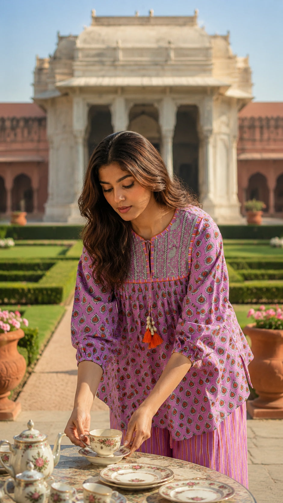Pink block print cotton co-ord set for women - festive styling - EKOHUM