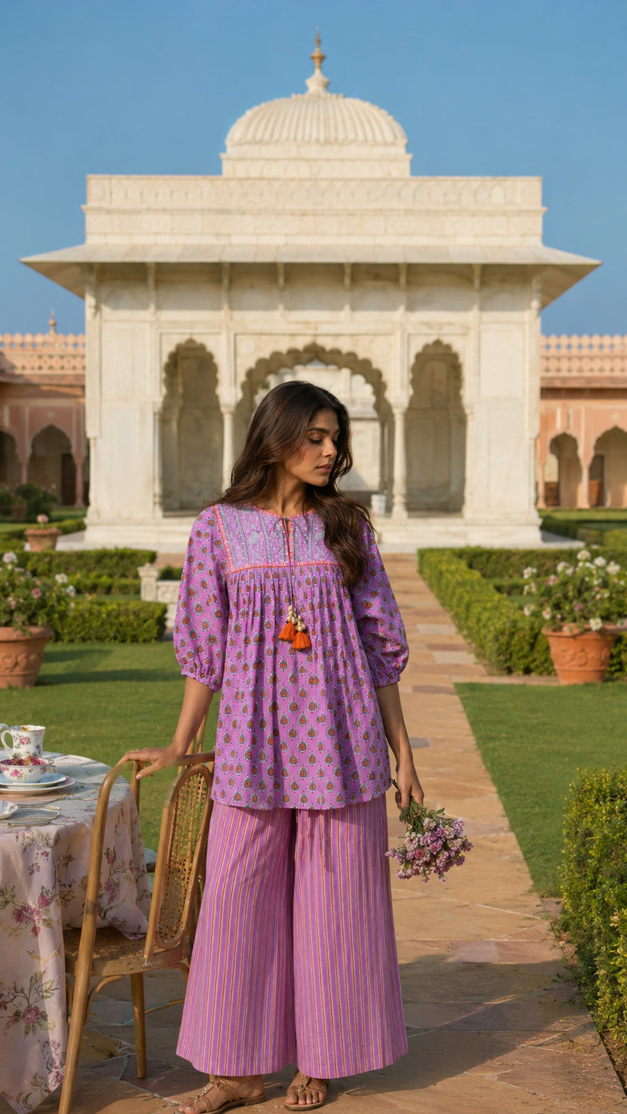 Pink block print cotton co-ord set for women - full outfit - EKOHUM