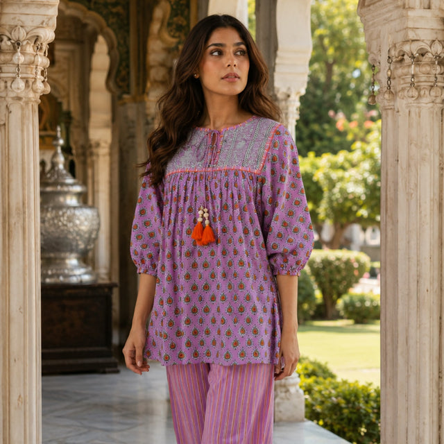 Pink Block Printed Cotton Co-Ord Set