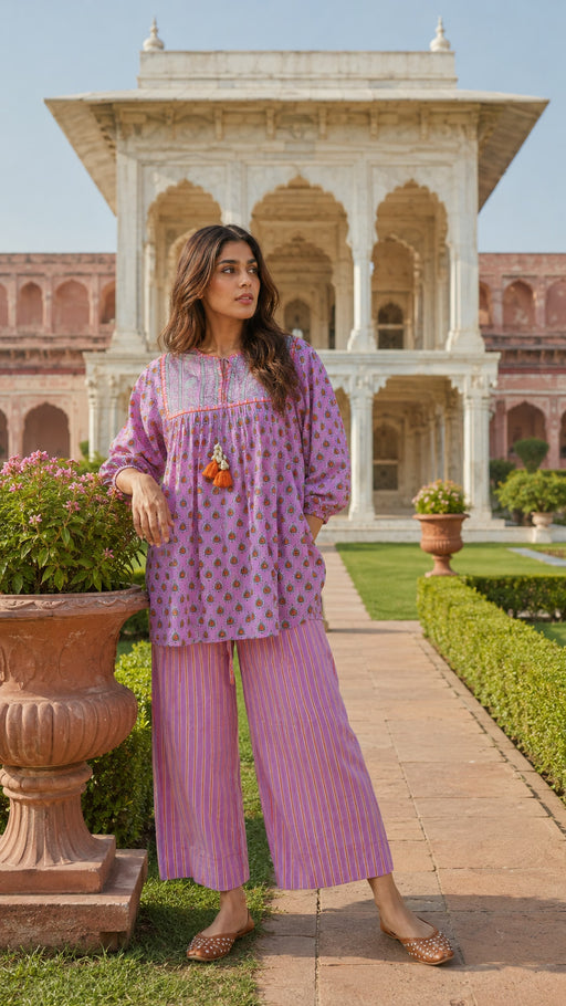 Pink block print cotton co-ord set for women - detail shot - EKOHUM