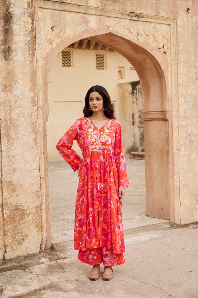 Orange Modal Embroidered Co-Ord Set