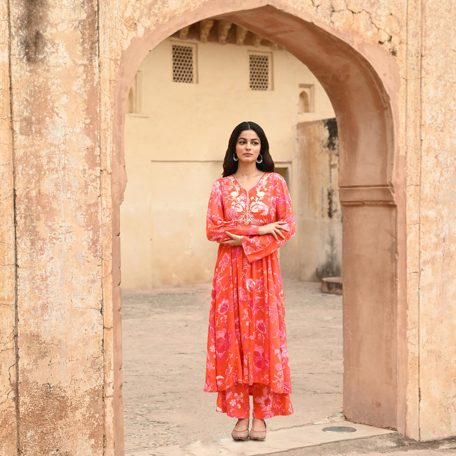 Orange Modal Embroidered Co-Ord Set